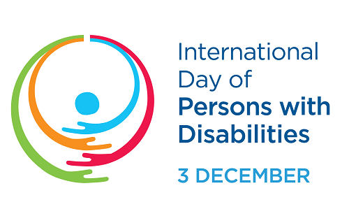 有四隻彩色的手環抱住一個圓點，看起來像是擁抱一個人，左方則為international Day of Persons with Disability 3 December等字文字。